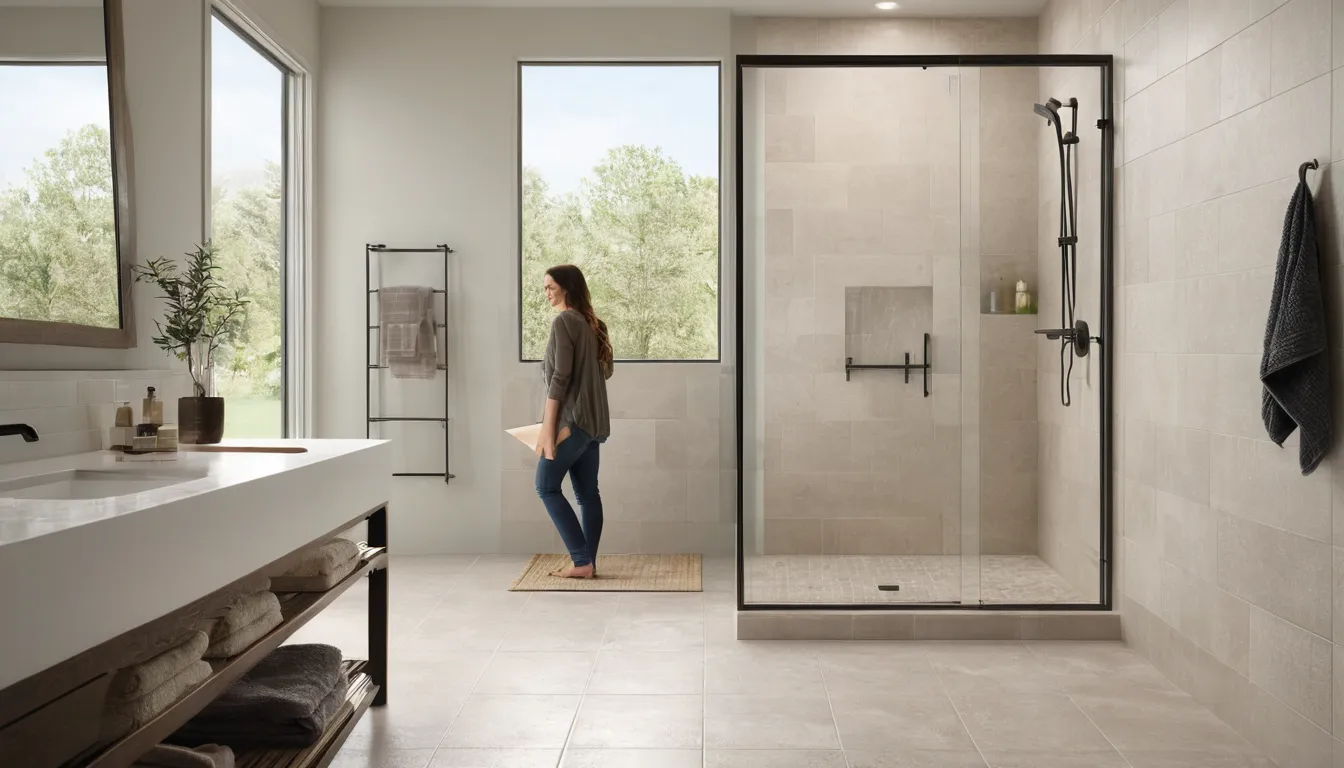 Homeowner and a local remodeling provider reviewing plans in a bright, newly remodeled walk-in shower bathroom in Delray Beach